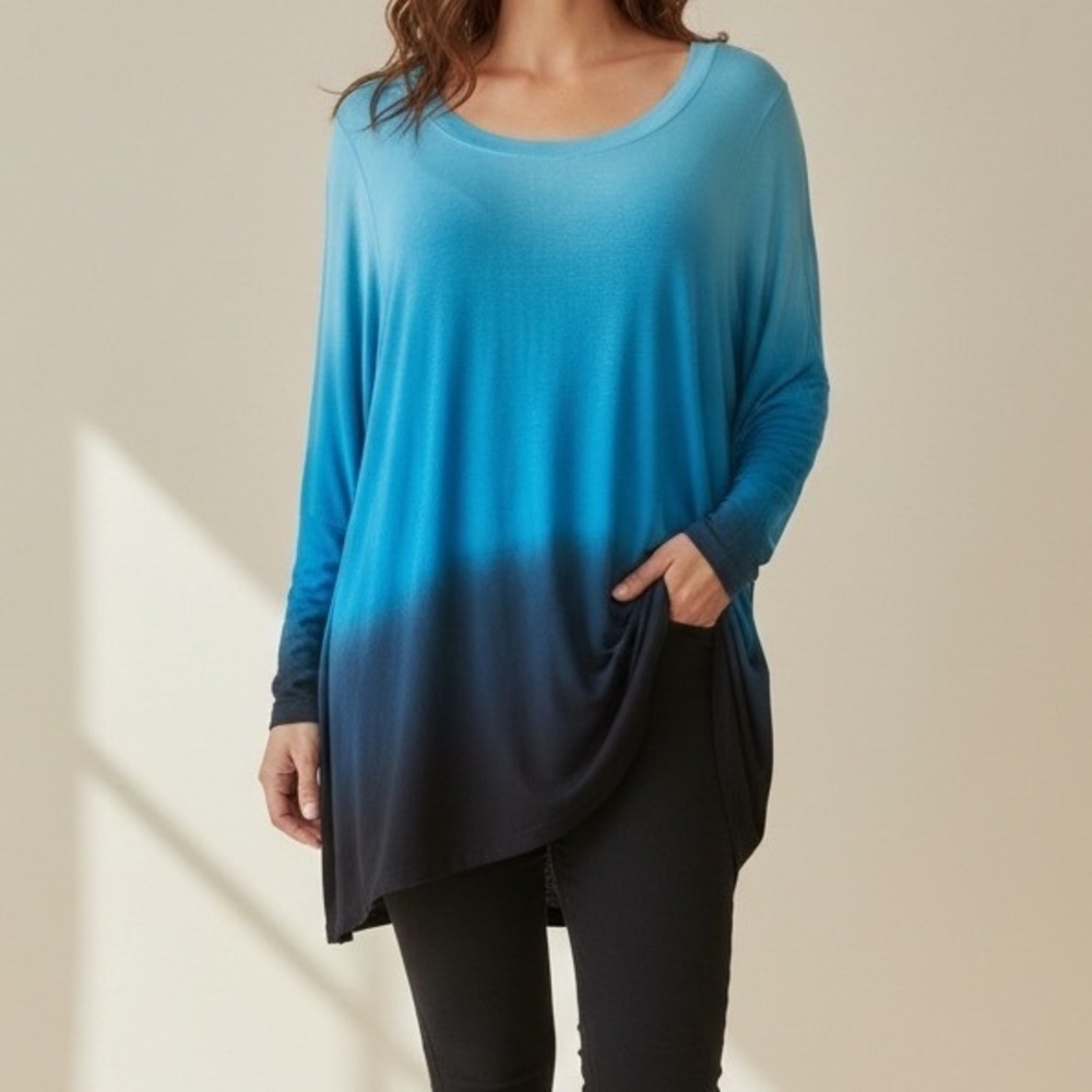 Philosophy Republic Clothing Blue Ombre Dip Dye Sharkbite Tunic Top XL Ruched